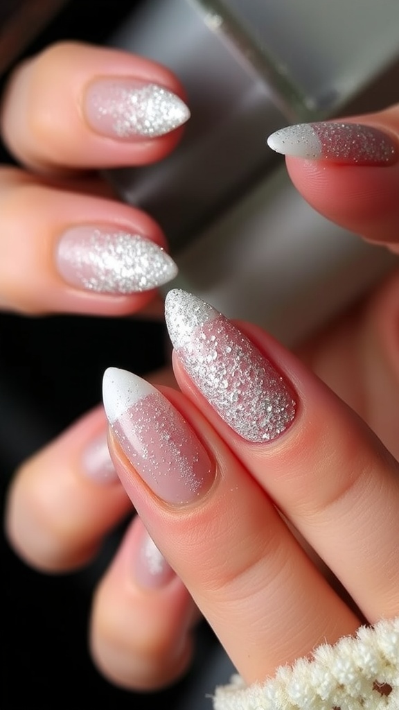 Nails featuring a soft gradient from pale pink to glittering silver at the tips, styled in an almond shape.