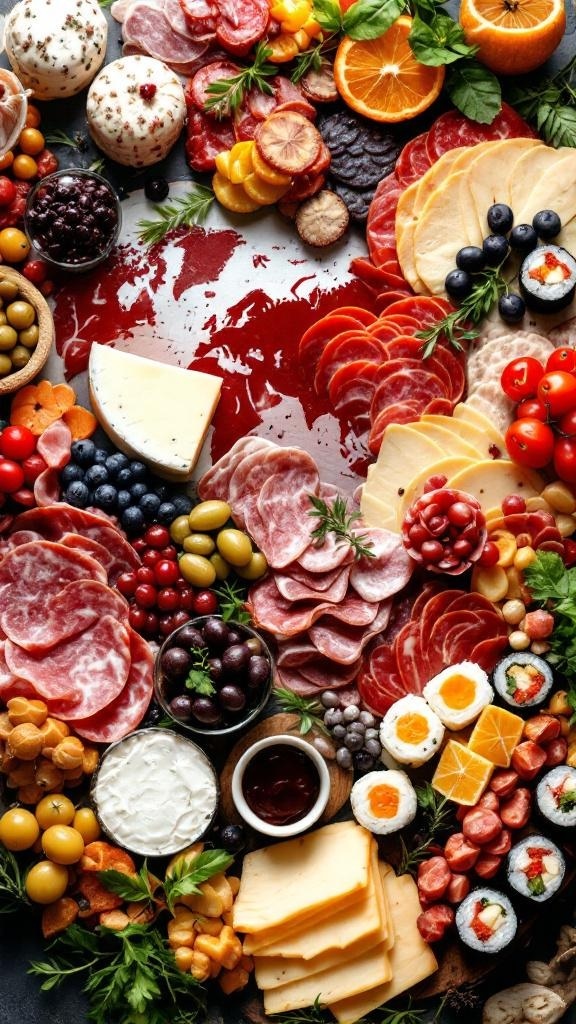A vibrant charcuterie board featuring a variety of meats, cheeses, fruits, and nuts.