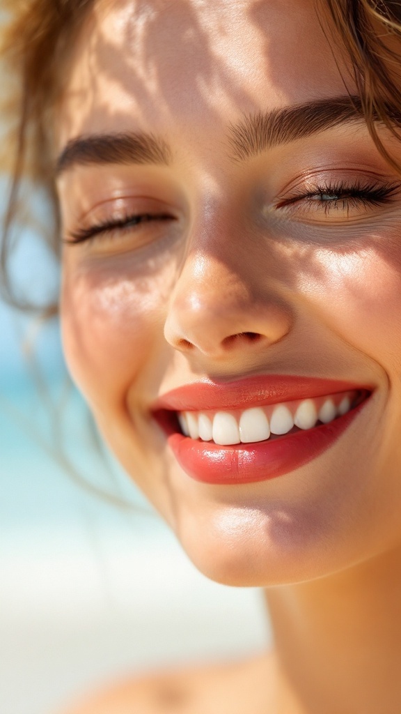 A close-up of a smiling woman with glossy lips, sunlit skin, and soft natural makeup.