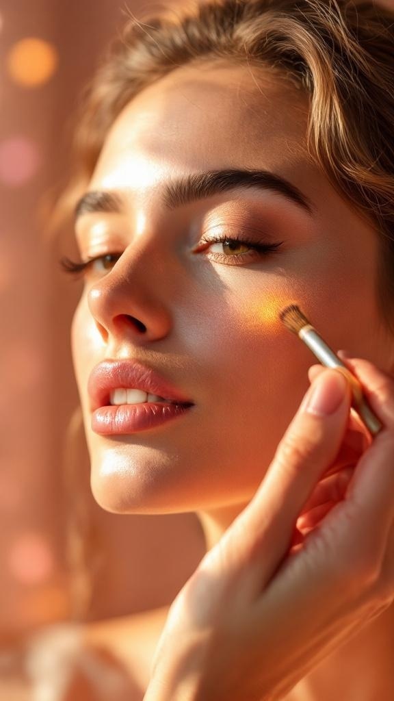 A woman applying highlighter to her cheekbone, showcasing a glowing makeup look.