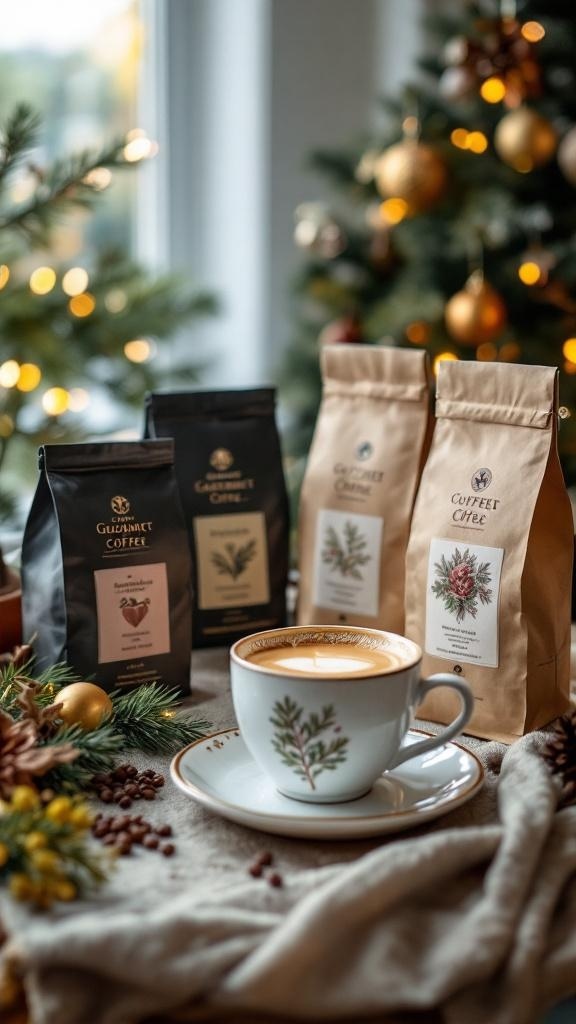 A cozy coffee setup with gourmet coffee bags and a steaming cup of coffee, surrounded by festive decorations.