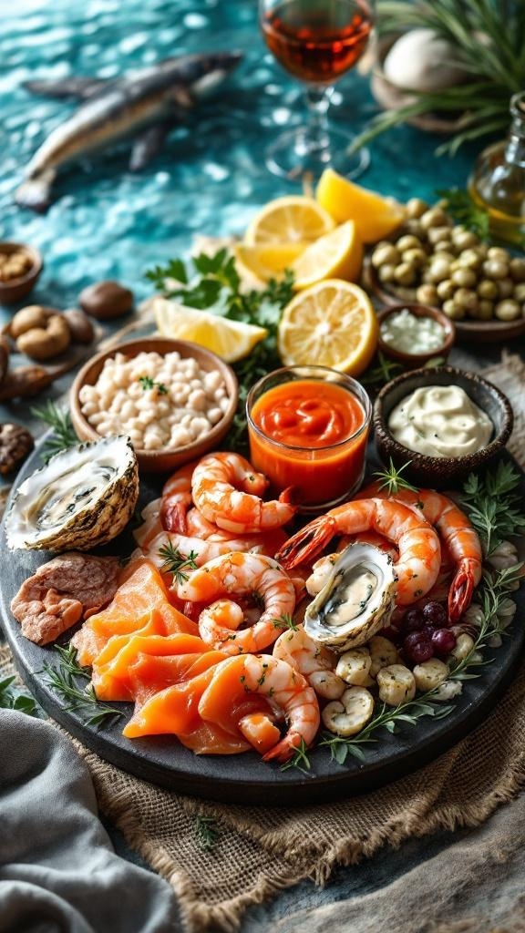 A gourmet seafood charcuterie board featuring shrimp, oysters, smoked salmon, crab meat, and various dips.