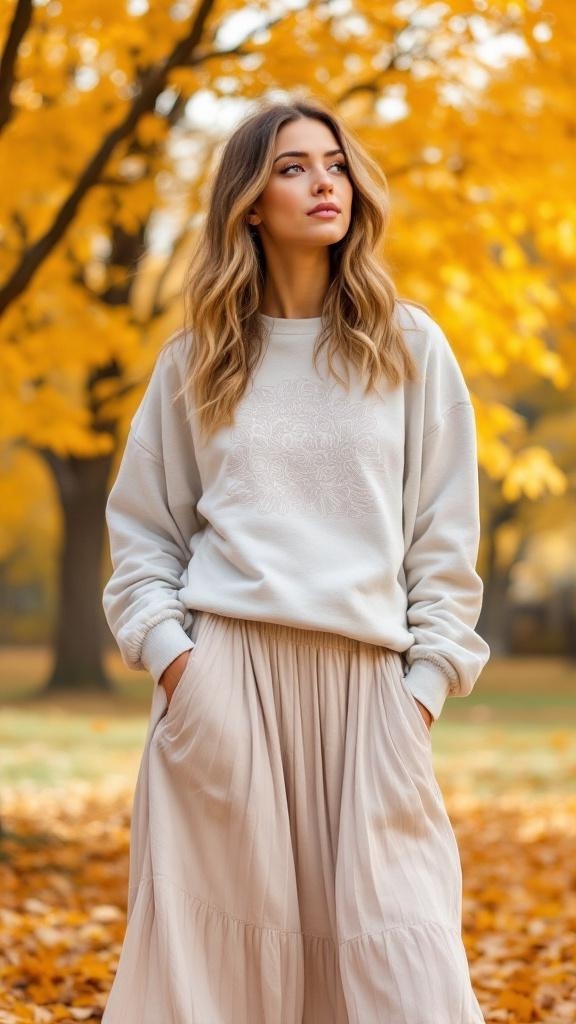 A woman wearing a graphic sweatshirt and a midi skirt walking in a park with autumn leaves.