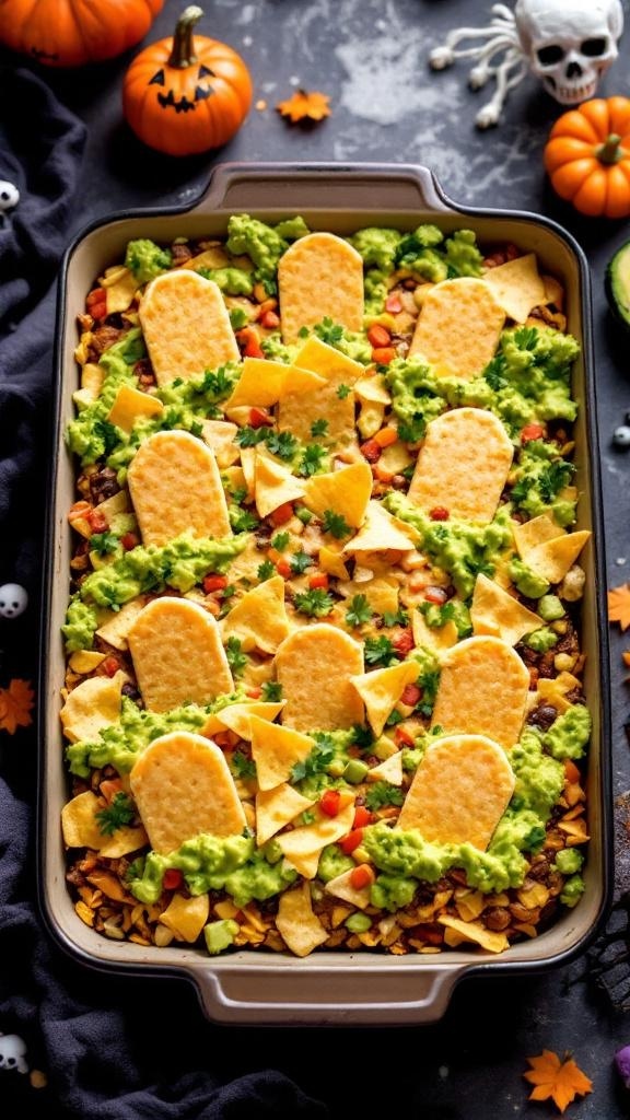 A festive Graveyard Taco Dip with layers of guacamole, taco meat, and cheese tombstones, perfect for Halloween.
