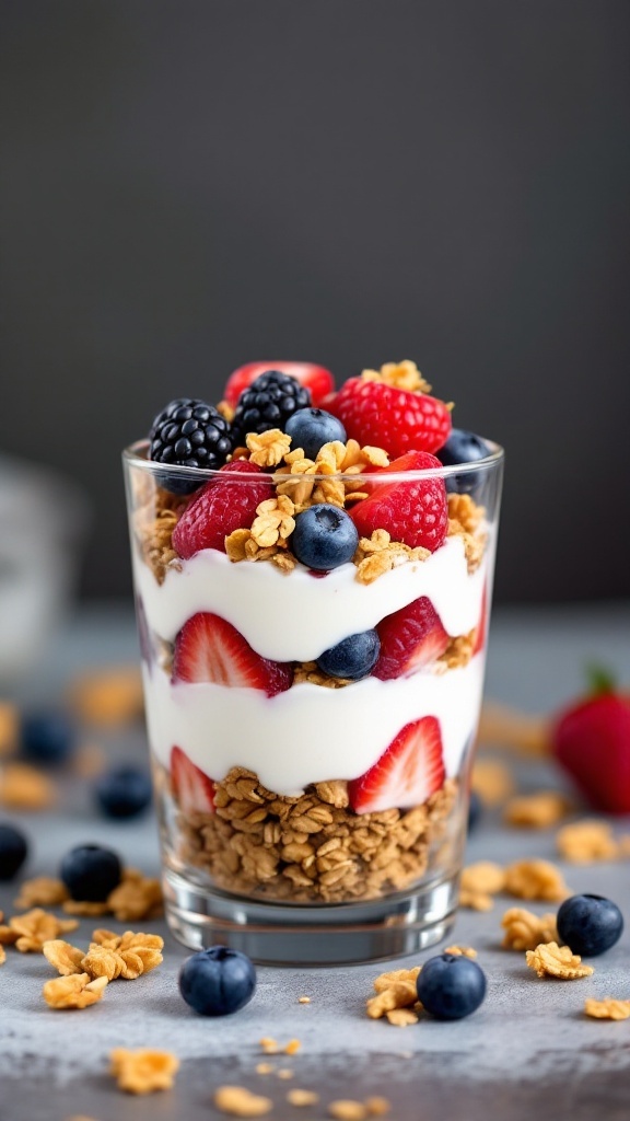A delicious Greek yogurt parfait layered with granola and fresh berries.