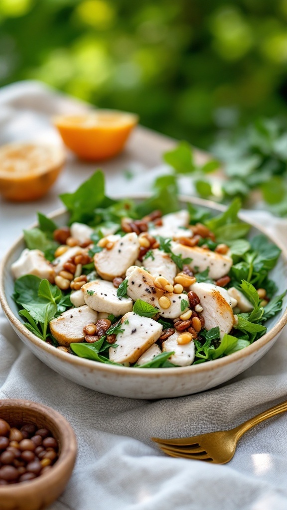 A bowl of Greek Yogurt Chicken Salad with vegetables and chicken pieces.