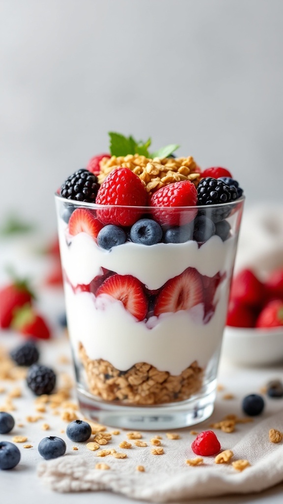 A delicious Greek yogurt parfait layered with mixed berries and granola.