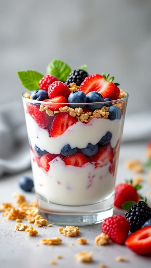 A colorful Greek yogurt parfait with layers of yogurt, mixed berries, and granola.