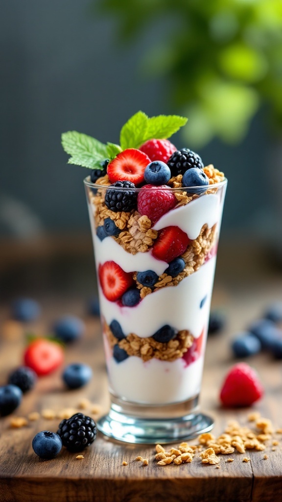 A layered Greek yogurt parfait with berries and granola
