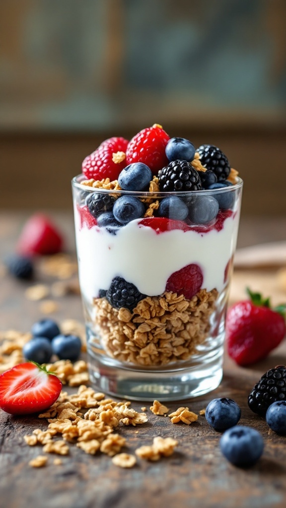 A Greek yogurt parfait layered with mixed berries and granola in a glass.