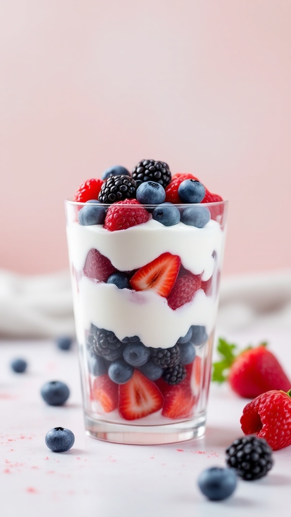 A glass of Greek yogurt parfait layered with fresh berries.