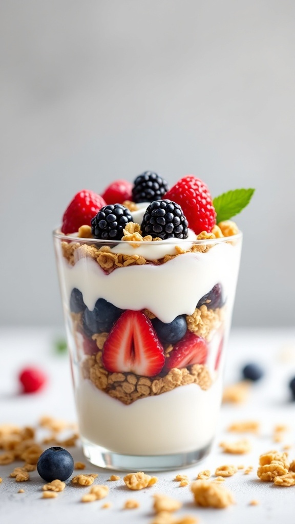 A glass of Greek yogurt parfait layered with berries and granola.
