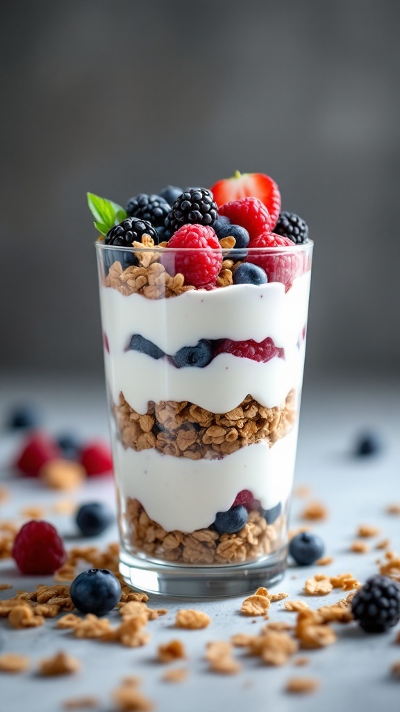 Delicious Greek yogurt parfait with layers of granola and fresh berries