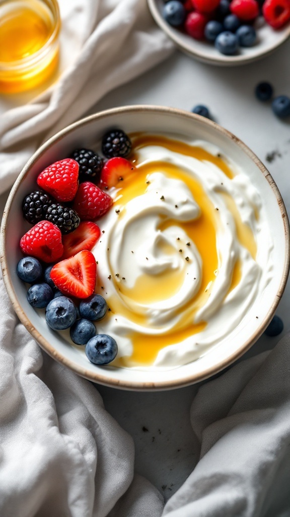 A bowl of Greek yogurt topped with mixed berries and honey.