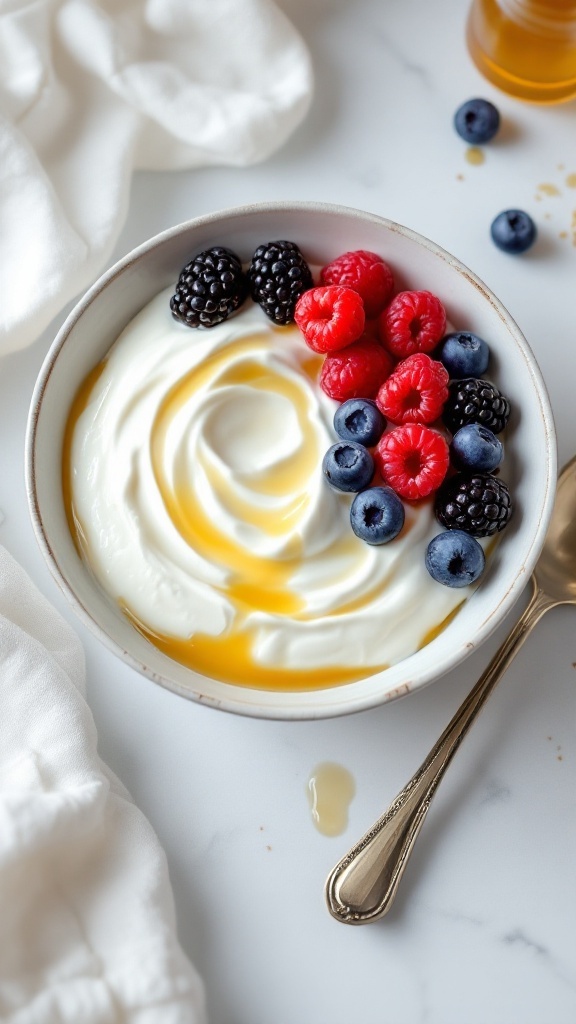 A bowl of Greek yogurt topped with berries and honey.