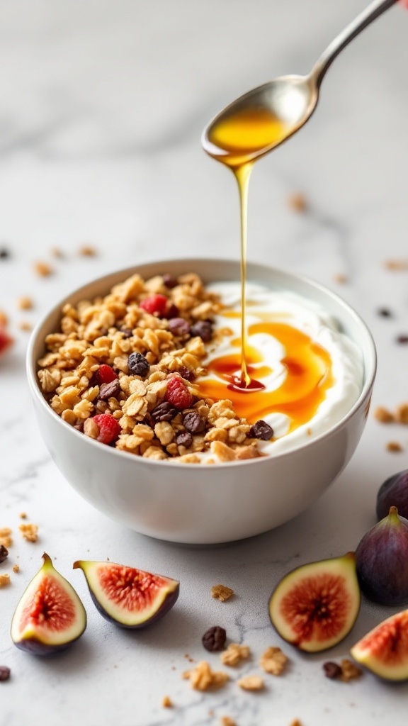 A bowl of Greek yogurt topped with granola and honey, surrounded by fresh figs.