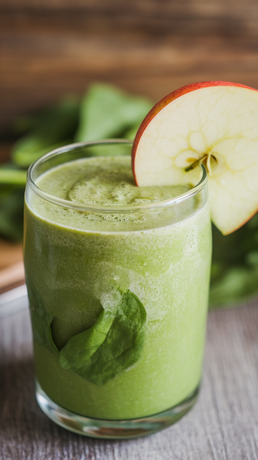 A glass of green smoothie with apple and spinach
