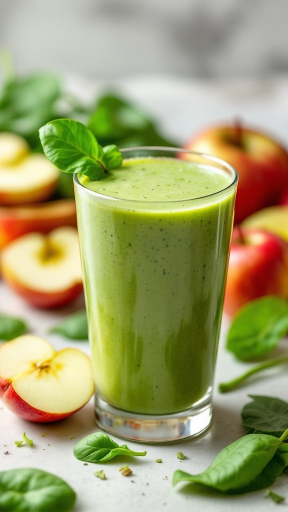 A green apple and spinach smoothie in a glass with fresh ingredients.