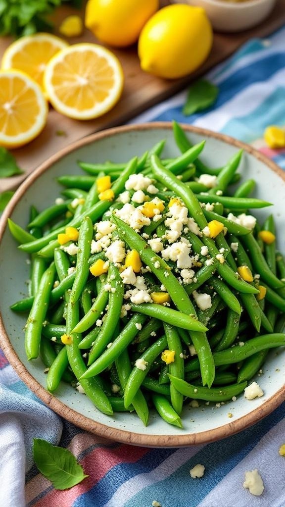 A vibrant green bean salad topped with feta cheese and lemon, served in a bowl with lemon slices in the background.