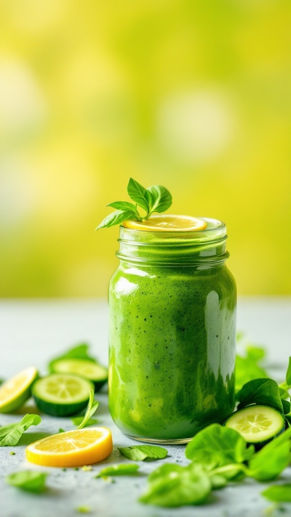 A refreshing green detox smoothie in a jar, garnished with lemon and surrounded by fresh ingredients.