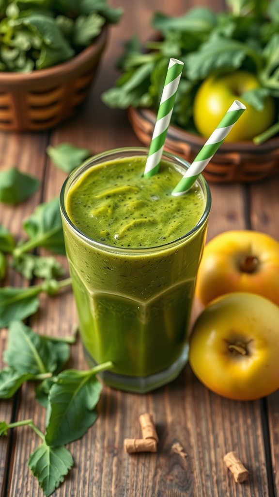 A refreshing green detox smoothie served in a glass with two straws.
