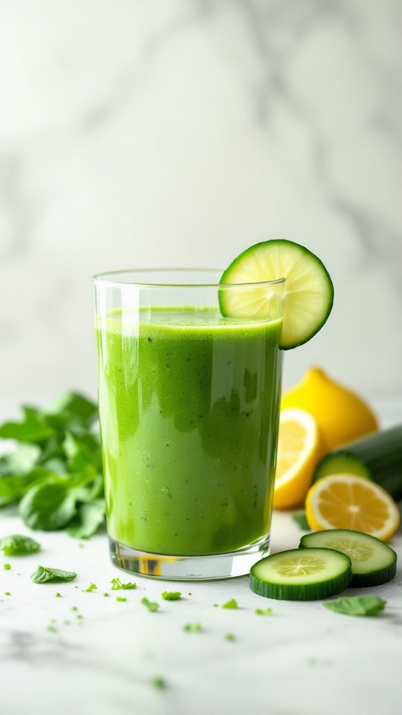 A refreshing green detox smoothie in a glass, garnished with cucumber and lemon slices.
