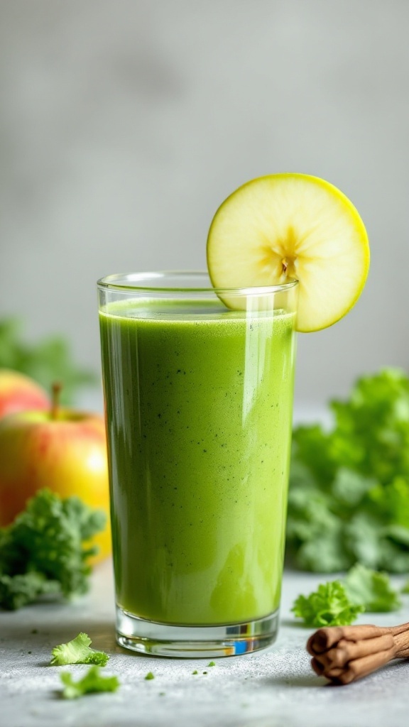 A refreshing green detox smoothie with apple slice and kale