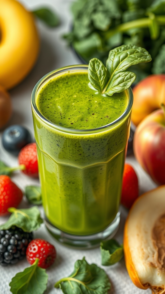 A refreshing green smoothie with spinach and kale, garnished with a mint leaf, surrounded by fresh fruits.