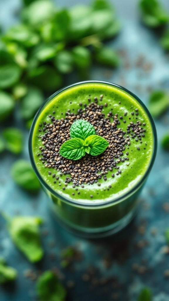 A green detox smoothie topped with chia seeds and mint leaves.