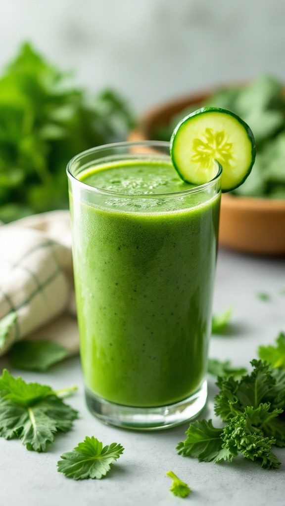 A refreshing green smoothie in a glass with a cucumber slice on the rim.