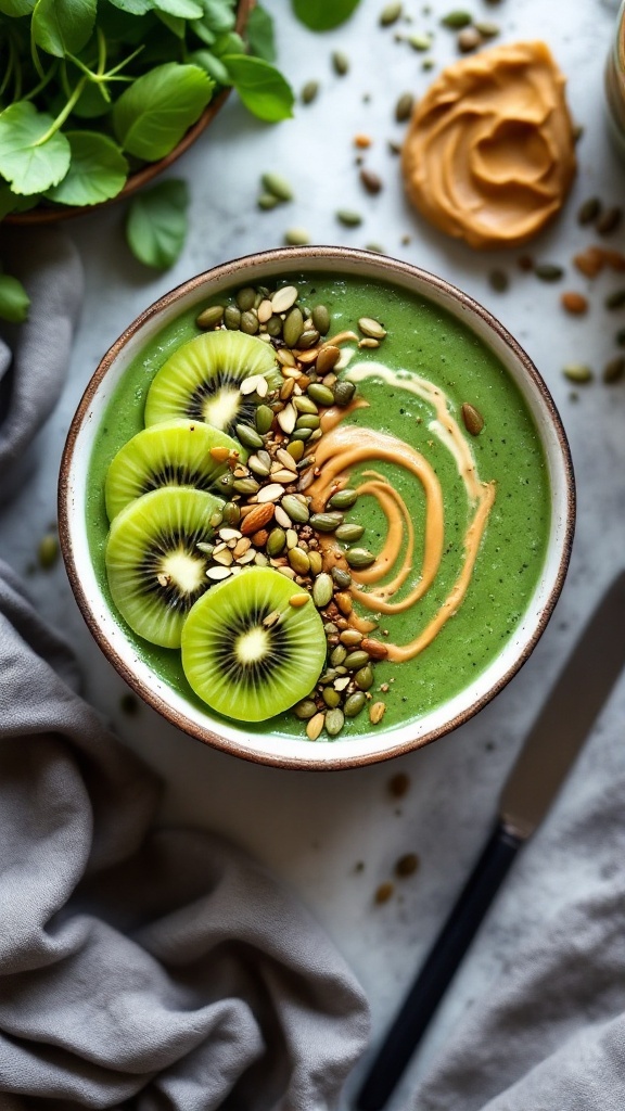 A delicious green smoothie bowl topped with kiwi slices and seeds.