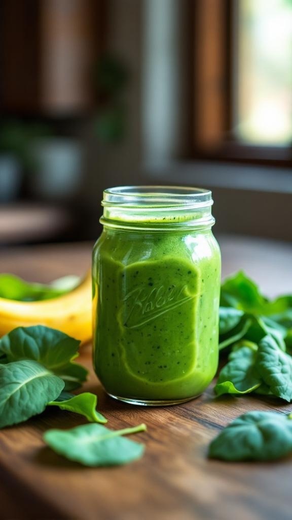A green spinach and banana smoothie in a jar, surrounded by fresh spinach leaves and a banana.