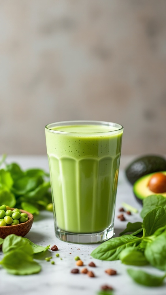 A green protein smoothie made with spinach and avocado, surrounded by fresh spinach leaves and green peas.