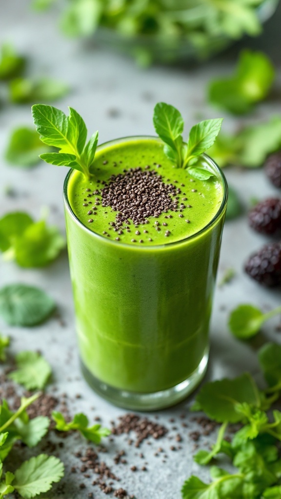 A glass of green smoothie garnished with mint leaves and chia seeds.