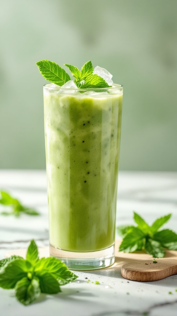 A refreshing green smoothie with mint and ice.
