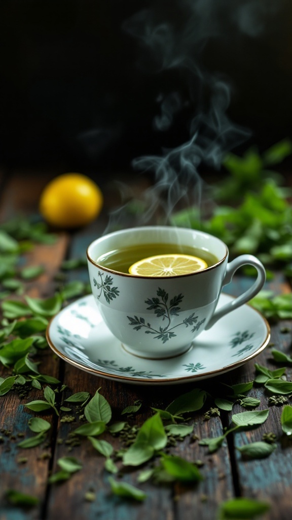 A steaming cup of green tea with lemon slice on a saucer surrounded by fresh green leaves.