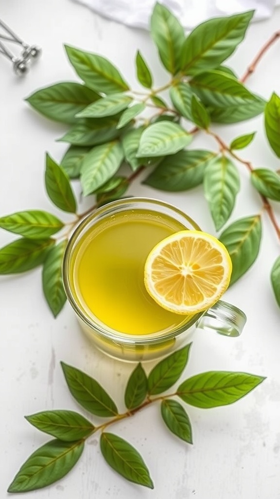A cup of green tea with a slice of lemon on the rim, surrounded by green leaves.