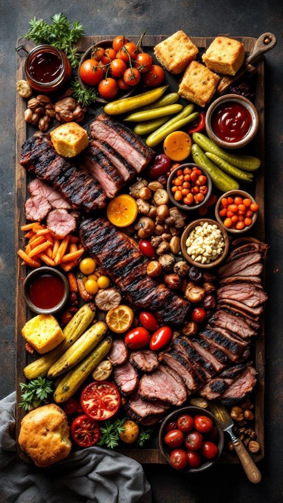A beautifully arranged charcuterie board featuring grilled meats, fresh vegetables, cornbread, and dipping sauces.
