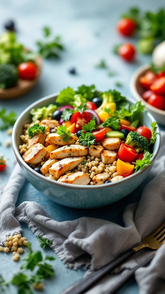 A vibrant bowl of grilled chicken and quinoa with fresh vegetables.