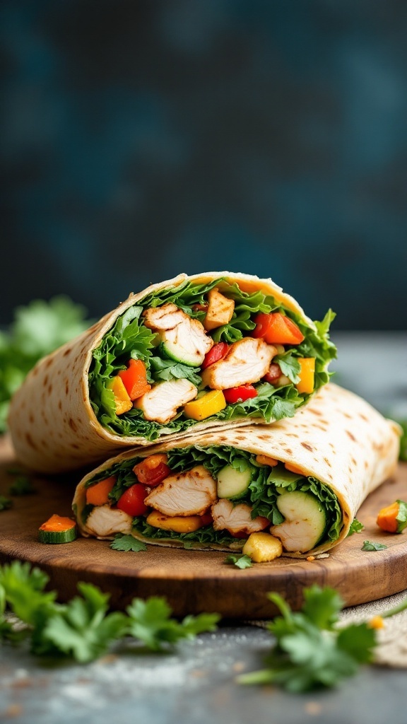 Grilled chicken and veggie wrap on a wooden board.