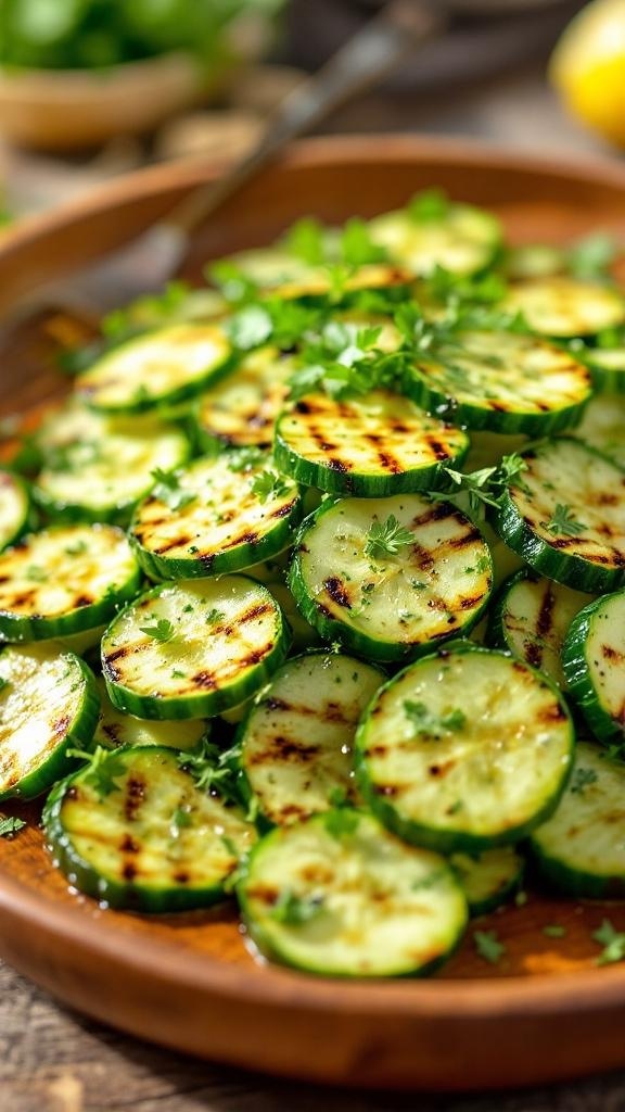 Grilled cucumber salad with lemon vinaigrette on a wooden plate.
