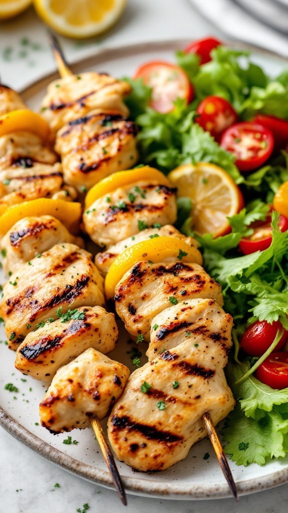 Grilled lemon herb chicken skewers served with salad