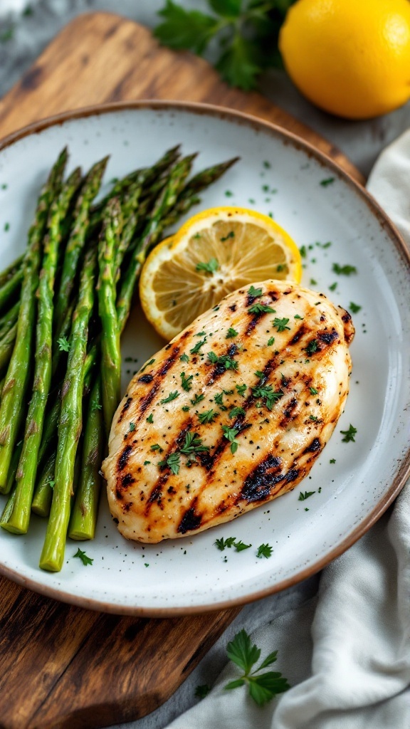 Grilled lemon herb chicken with asparagus on a plate.