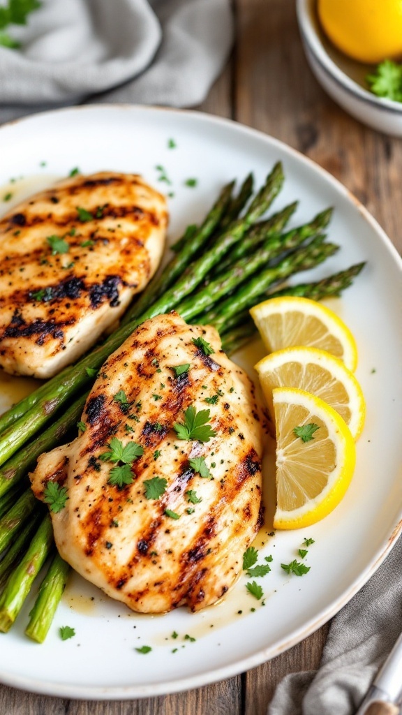 Grilled lemon herb chicken served with asparagus and lemon slices
