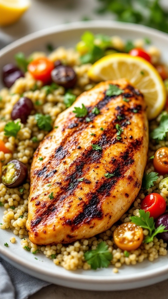 Grilled lemon herb chicken served with quinoa and vegetables