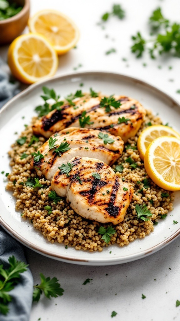 Grilled lemon herb chicken served on a bed of quinoa with lemon slices and parsley.