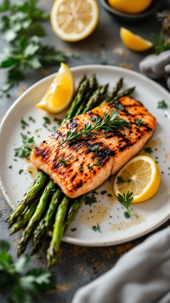 A plate of grilled salmon served with asparagus and lemon wedges.