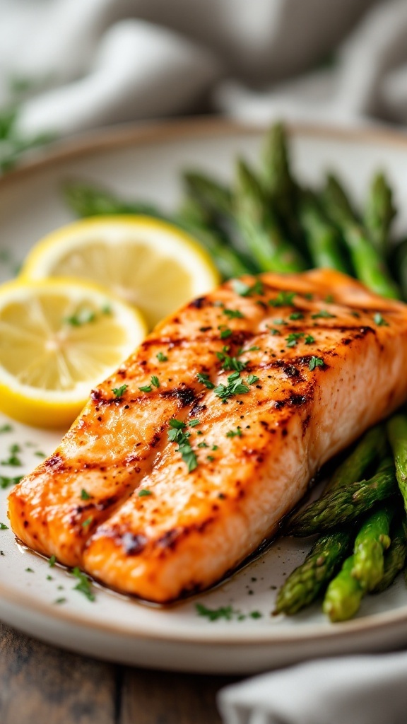 Grilled salmon fillet served with asparagus and lemon slices