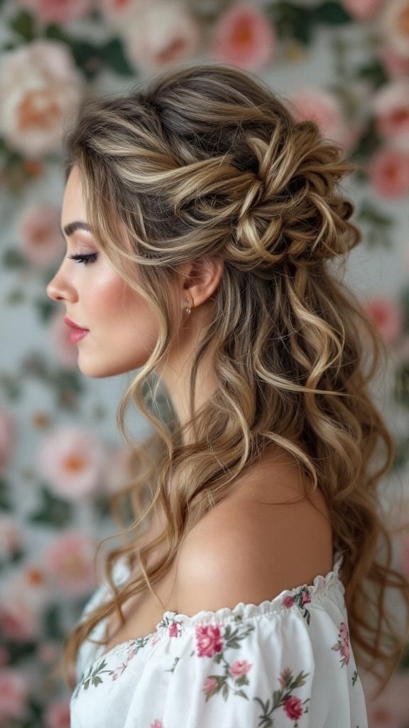 A woman with a half-up curly updo hairstyle, featuring soft curls and an elegant twist, set against a floral background.