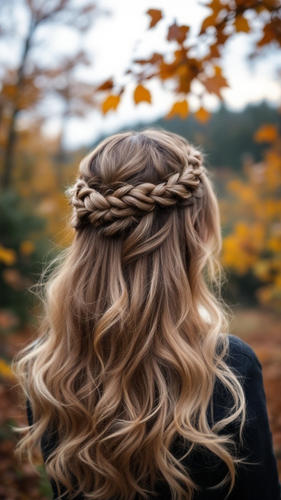 A woman with long wavy hair styled in a half-up, half-down braided crown, surrounded by autumn leaves.